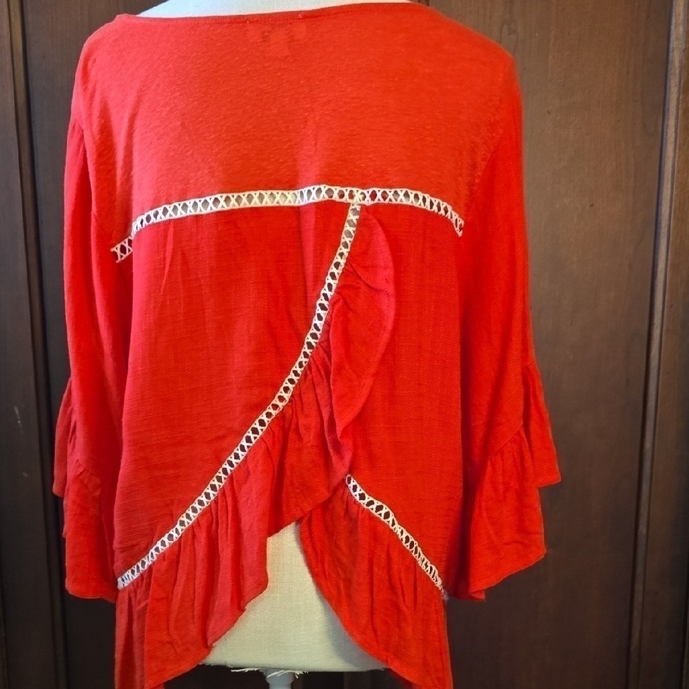 Umgee USA Red Bell Sleeve Lace Trim Peasant Tunic Blouse Top Large - Picture 7 of 7